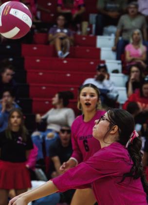 Grants High School sophomore Aubree Aragon raises the volleyball above her head while preparing to set during a home game at GHS on October 15, 2026. Courtesy Photo