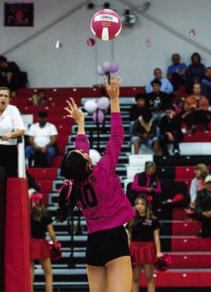Grants High School junior Sienna Montoya extends her arms toward the volleyball during a home game at GHS on October 15, 2026. Courtesy Photo