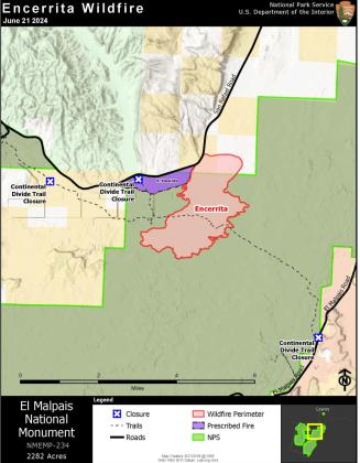 National Park Service staff discovered a lightning-caused fire burning on El Malpais National Monument lands on the afternoon of Saturday, June 15. The Encerrita Fire is located approximately 15 miles south-southwest of Grants, NM. Courtesy Photo
