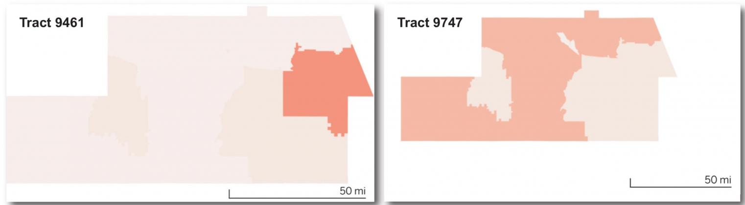 The US Census Bureau breaks up Cibola County into groupings called “tracts” each tract is a different district to specify the information for the area. Cibola is broken into seven different tracts for the purposes of evaluating the county’s health risk factors. These maps are the largest of Cibola’s tracts by land volume. Courtesy photo