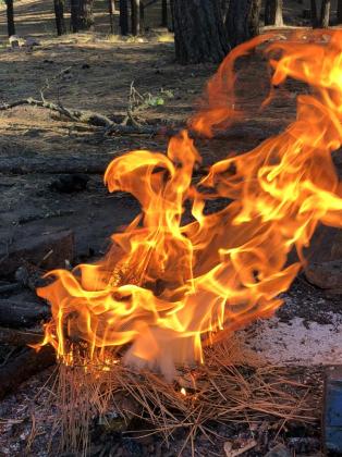 This campfire, which burned in 2019 and was put out correctly and without incident, shows how a small flame can burn high and bright off of just minimal but dry fuel. Courtesy Photo