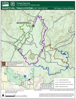 A trail map of the Quartz Hill Trail System, showing the network of sustainably built trails near Mt. Taylor. The system’s dedication on June 7 marks a major step in efforts to make Grants a premier outdoor recreation destination. Courtesy of USFS