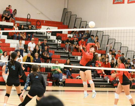 GHS lady Pirates volleyball team is currently 6-8, 0-0 as they prepare to start district play next week. The lady Pirates recently defeated Espanola Valley 3-2 on September 28th. The match scores were 25-22, 25-19, 19-25, 22-25 and 15-6. The lady Pirates will host Aztec on October 1st 6-3, 0-0 to wrap up nondistrict play. In this file photo Blanca Murillo,9, leaps high to return the ball against Del Norte High School in a recent match. Franklin Romero - CC