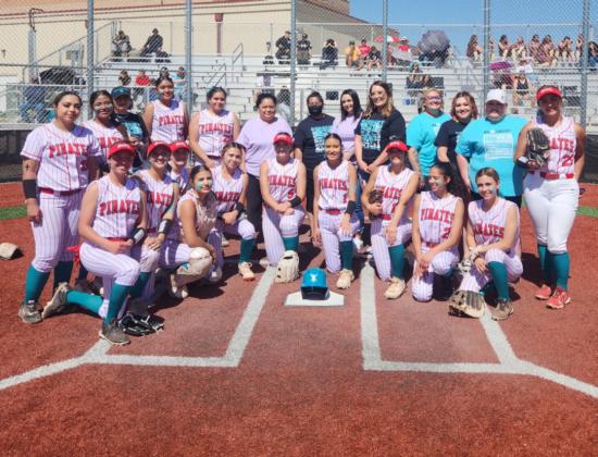 The Grants High School softball team poses for a photo on the diamond to close out their 2024 season. The Lady Pirates finished with a 14–10 overall record (3–5 in district play). Their postseason run came to an end with an 18–6 loss to district rival Belen (14–12, 6–2). The team thanks their fans, families, and coaches for a season full of hard work, hustle, and heart.