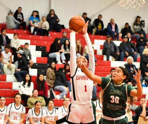 Senior Amy Salazar drives to the hoop during a dominant home victory over Thoreau, where the Lady Pirates rolled to a 47–21 win. The matchup was part of a midseason surge for Grants, including a three-game winning streak that helped define the Lady Pirates’ competitive 2023–24 campaign. Franklin Romero - CC Franklin Romero - CC Franklin Romero - CC