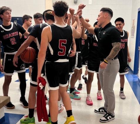 The GHS Pirates boys’ basketball team is currently 3-1 and went 2-1 at a recent tournament. They will play Shiprock High School (4-0) on Tuesday, December 12th. In this file photo the Pirates regroup at a time out. Franklin Romero - CC
