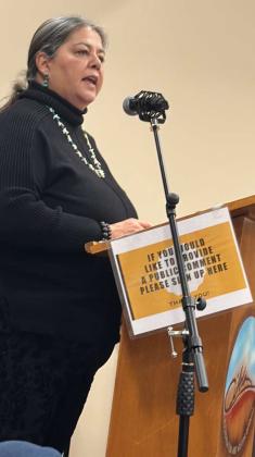 Grants City Councilwoman Beverly Michael addresses the Cibola County Commission during a special meeting on House Bill 9, the Immigrant Safety Act. “I do not oppose what the state is proposing in House Bill 9,” Michael told commissioners, calling claims the Milan facility would close if the bill passes “fearmongering” and adding that she “doesn’t want to live in a county putting human lives behind the dollar. Diego Lopez - CC