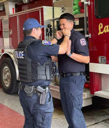 Grants Fire would like to congratulate Joshua Salazar on his completion of his probation. Joshua now wears the traditional black helmet and dark blue uniforms. Firefighter Salazar was pinned with GFR collar pins by his brother and Fire Chief Hays Courtesy Photo - CC