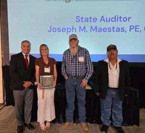 Left to Right: State Auditor Joseph M. Maestas, Milan Manager Candi Williams, Milan mayor pro-tem trustee Eddie Knotts, Milan Mayor Felix Gonzales Courtesy Photo