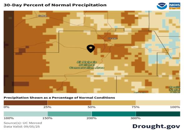 A 30-day precipitation map from Drought.gov shows much of Cibola County receiving well below normal rainfall through September 5, 2025. Shades of brown indicate areas where precipitation has been 50 percent or less of average, with only limited pockets of near-normal conditions. Courtesy Photo