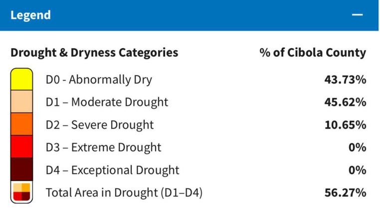 Cibola County is dry. Over 56 percent of Cibola County's total area experienced drought conditions through December, ranging from “moderate” to “severe” levels of drought. Approximately 252 acres of hay and 17 acres of haylage are currently affected by drought conditions; livestock farmers have been hit hard as well, with an estimated 5,785 cattle and 1,703 sheep currently suffering through the drought in December. Courtesy
