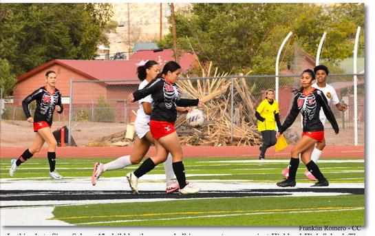 In this photo Siena Salazar,12, dribbles the soccer ball in a recent game against Highland High School. The Grants High School Lady Pirates lost that contest 5-0. They are currently 3-12, 1-6. The GHS boys’ Pirates lost their contest to the Highland Hornets by a score of 10-0. The GHS boys’ soccer team is currently 3-12, 0-7. The GHS volleyball team is currently 8-11, 1-3 after a 3-0 win over Highland High School and a 0-3 loss to Belen High School.