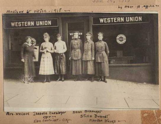Women employees in front of a Western Union Telegraph Office, Seattle, 1918 Western Union – Courtesy Photo