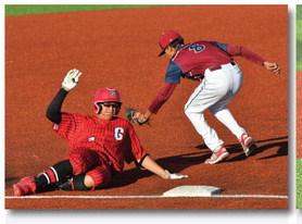 Franklin Romero - CC Dominick Gonzales, 5, power slides, minus the dust, into third base in game one of the Prates vs. Wildcats in the first round of the state tournament. The Pirates, a number one seed, defeated the number 16 seeded Deming Wildcats in two games, 10-4 and 8-5.