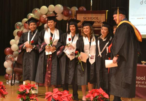 Bachelor of Science in Nursing Graduates, left to right: Andrea Blatchford, Nicola Casamero, Yolanda Ramirez, Savannah Torrez, Tuyen Vo, Former Faculty Cindy Torres, College Assistant Professor, Terrel Pearson. Kathryn Marmon - CC