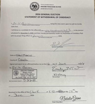 Mayor Erik Garcia withdrew his candidacy to the Cibola County Clerk on June 16, saying he made his point to city council. Diego Lopez- CC
