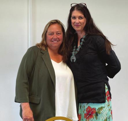 Cibola County Manager Kate Fletcher (left) and City of Grants Manager Vanessa Chavez (right) make themselves available to the public during a ‘Coffee with the Managers’ meeting on August 5 at the Coyote Del Malpais Golf Course clubhouse. Fletcher and Chavez provided county and city updates, answered questions, and heard from citizens at the 8 a.m. gathering. Kylie Garcia - CC