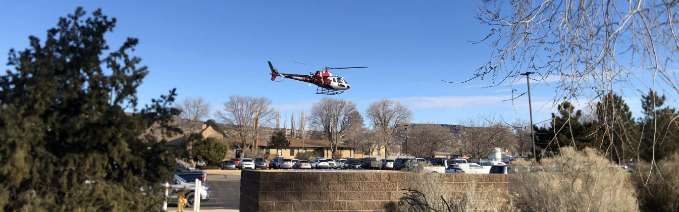 Diego Lopez - CC This medical helicopter took off from the helipad just outside of Cibola General Hospital around 9 a.m. on January 25. Moving the shrubbery and trees around with its fast-moving blades, the helicopter ascended vertically before taking off with barely a noise.