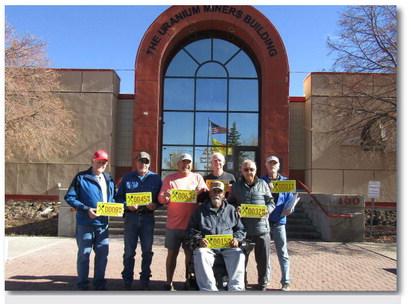 Local N.M. miners proudly display their Miners Heritage license plates. From L to right back row: Art Gebeau ; 36 years uranium, Mike Garcia 12 years uranium/ 31 years coal, Mitch Knapton, 40 years coal, Terry Fletcher 40 years uranium,Fred Chavez 25 years uranium/20 years coal, Roger Siegmann 18 years uranium /23 years coal. Front row: Laurence Sena, 12 years uranium/ 31 years coal.