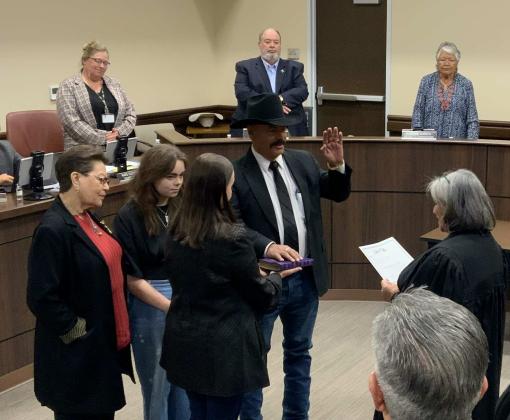 Larry Diaz was officially sworn in as Cibola County’s next sheriff on November 17. He was surrounded by family as Probate Judge Marie Garcia read his oath of office. The Cibola County Board of Commissioners stood near and watched as their next sheriff took his oath. Diaz was sworn-in but will not take over job duties until incumbent Sheriff Tony Mace’s resignation takes effect on November 28. Nathan Chavez - CC