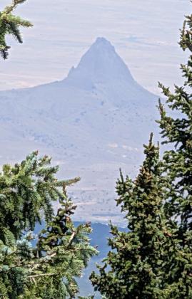 Framed by evergreens near the summit of Mount Taylor, Cerro Alesna rises from the landscape to the north on Aug. 8. The remote volcanic formation, sometimes called the “Praying Hands” for its distinctive silhouette, is one of numerous volcanic necks found throughout the Mount Taylor Volcanic Field. Sylvia Anzures Gonzales - CC
