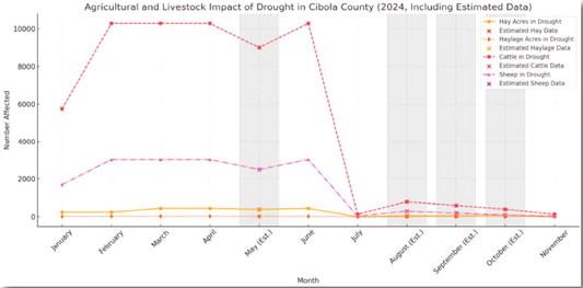 This graph illustrates the impact of drought on agriculture and livestock in Cibola County throughout 2024, highlighting key trends in hay, haylage, cattle, and sheep affected by dry conditions. Months with estimated data—May, August, September, and October—are marked with shaded areas and distinct points, reflecting projections based on trends from surrounding months. Data from December is not yet available.