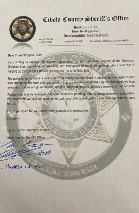 The Cibola County Sheriff’s Office wrote a letter of appreciation to Cibola County Crimestoppers. The letter follows: