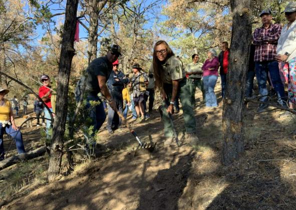 President Chad Gaines of Cibola Trail Alliance and Yolynda Begay of the Mt. Taylor Ranger District broke ground on the new Lobo Canyon Trail. With the new trail, CTA plans to increase the viability of Cibola’s economy by developing an outdoor recreation-based system that would bring families from across the state to Grants for hiking, where they can buy hiking tools and when they finish, take the kids for a scoop of local ice cream. Diego Lopez - CC