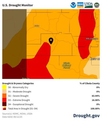 The August 12 U.S. Drought Monitor shows 100 percent of Cibola County remains in drought, with 83.94 percent categorized as Severe Drought (D2) and 16.06 percent as Extreme Drought (D3). No part of the county is currently drought-free. Map courtesy of NDMC, NOAA, and USDA. Courtesy Photo