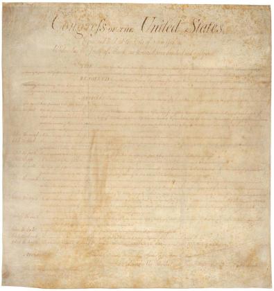 This document is on permanent display in the US National Archives Museum Rotunda. Pictured is the enrolled original Joint Resolution passed by Congress on September 25, 1789, proposing 12-not 10-amendments to the Constitution. The Bill of Rights in final form were ratified December 15, 1891 with only 10 amendments to the original Constitution. Courtesy