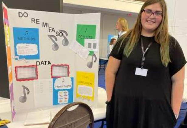 Faith Valdez, 10th grader at Grants High School, loves to sing and titled her experiment “Do Re Mi Fa So,” examining hand symbols and music. Courtesy Photo
