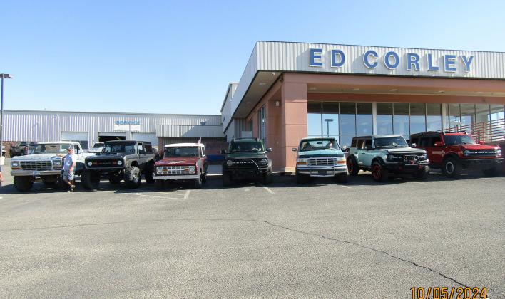 Bronco lineup in front of Ed Corley Ford dealership. Photo by Roger Siegmann
