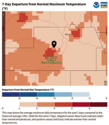 Temperature Daytime highs ran several degrees above average last week (about +3° to +6°F near El Malpais), adding to drying stress despite spotty showers. Source: Drought.gov/UC Merced. Data valid 10/10/25. Courtesy Photo