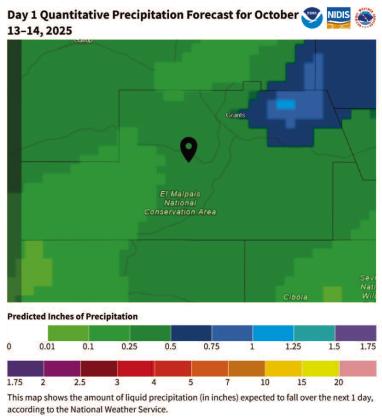 Light rain A light to moderate wetting rain is forecast— about 0.25' to 0.50' near El Malpais/Grants, with higher totals possible to the northeast. Source: Drought.gov/NWS Weather Prediction Center. Updated 10/13/25. Courtesy Photo