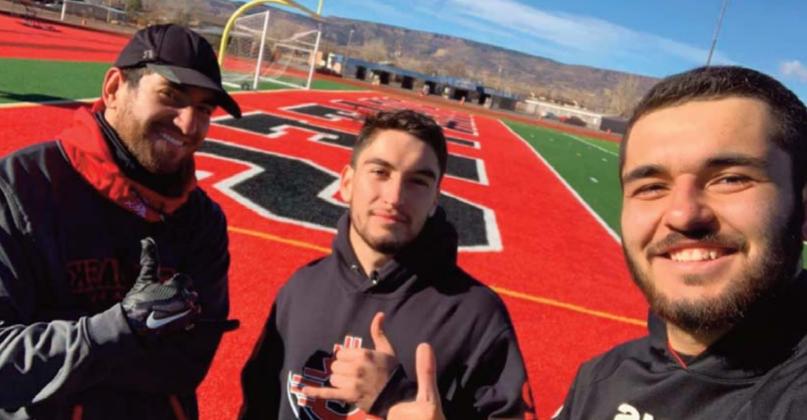 From left to right, Martin Aragon, Bryan Hernandez, and Adrian Ortega meet at the Grants High School football field and track to train and work on football drills during winter break. Courtesy Photo