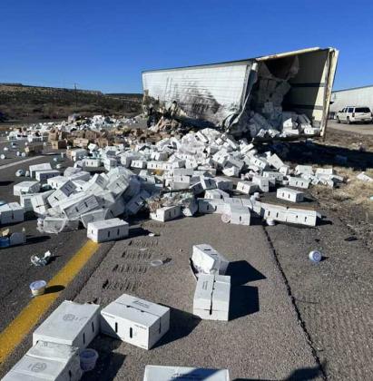 This wreckage occurred on Dec. 24 on Interstate 40 not too far outside of Grants. Boxes and boxes of Greek yogurt littered both sets of lanes on I-40, causing many drivers to seek alternative routes which ultimately created more traffic disruptions and one more car accident. Courtesy of GFR