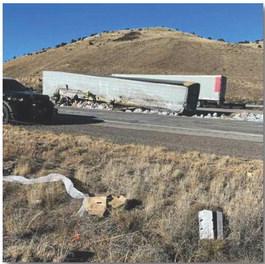 This wreckage occurred on Dec. 24 on Interstate 40 not too far outside of Grants. Boxes and boxes of Greek yogurt littered both sets of lanes on I-40, causing many drivers to seek alternative routes which ultimately created more traffic disruptions and one more car accident. Courtesy Sheriff Diaz
