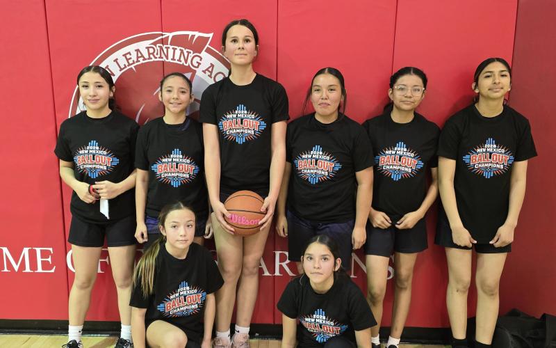 The Lady Hornets 7th grade girls basketball team poses after winning first place in its division at the Ball Out Tournament in Bernalillo, held March 5-8. The local AAU team is made up entirely of Los Alamitos Middle School seventh graders. Back row: Jozline Fernandez, Morissa Aldaz, Rylee Sanchez, Tamaris Desiderio, Scarlett Brown, Valeria Gonzales Front row: Layla Chavez and Mireya Marquez Courtesy Photos