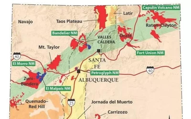 A map of New Mexico with volcanic fields younger than 15 million years marked in red and the Jemez Lineament marked in green. El Malpais is located within the Zuni-Bandera Volcanic Field on the western side of the state. Courtesy Photo
