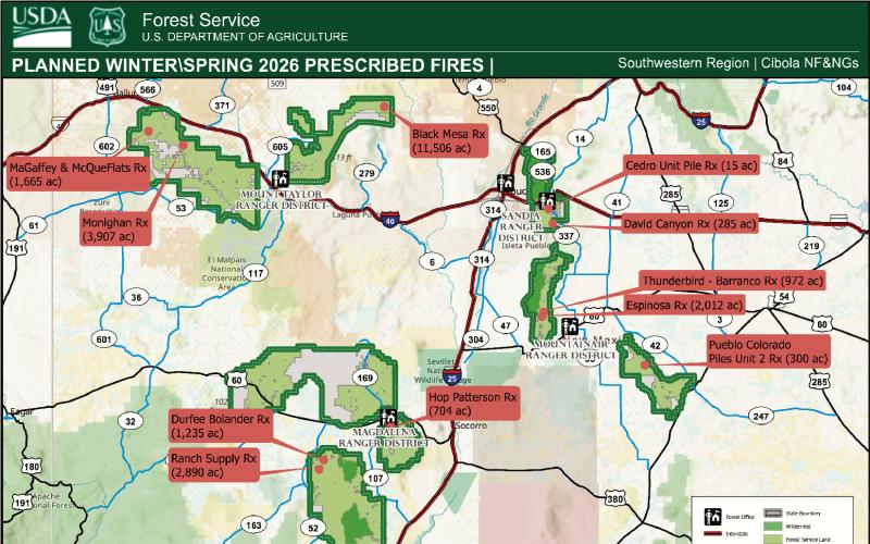 The Cibola National Forest is planning prescribed burns on the Mt. Taylor Ranger District—including the Monighan, Black Mesa, and McGaffey/McQue Flats projects— allow through winter and into spring. with smoke possible in Grants, Milan, Bluewater, Ramah, and Gallup as conditions (Source: Cibola National Forest &amp;amp; National Grasslands)