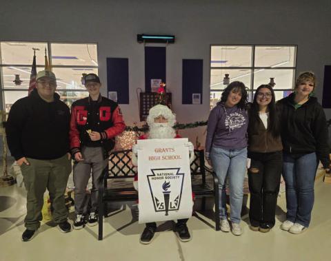 Members of the Grants High School National Honor Society brought holiday cheer to the community with their “Santa at the Library” event on Dec. 17. Children enjoyed games, coloring, cookies and milk, a festive read-aloud, and a special visit from Santa himself. The students from left to right are Joseph Martinez, Lukas Colburn, Noah Lundstrom, Gabriella Gonzales, Isabella Barela, and Angelle Morlang. Courtesy of Aleisha Lundstrom, GHS.