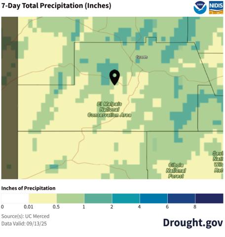 A 7-day precipitation map from Drought.gov shows light rainfall across much of Cibola County through September 13, 2025. Most areas received less than half an inch of moisture, with only isolated pockets approaching 1–2 inches. The limited totals highlight the region’s continued dryness and the modest relief offered by scattered late-summer storms. Courtesy Photo