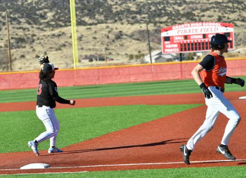 The Pirates went 2-1 at the Farmington Invite and are currently 5-4 and ranked 11th in the 4A baseball rankings and third in the New Mexico Overtime Sports coaches poll. In this file photo, First Baseman Niko Young after an attempt to get a runner out after a base hit at a recent home game. The Pirates will play Miyamura High School (4-5) Tuesday, March 26. Franklin Romero - CC