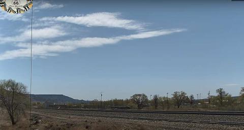A clear morning view from the new BNSF live railcam in Grants, located along the Gallup Subdivision at Milepost 96.2. The camera, installed through a partnership between SouthWest RailCams and the City of Grants, streams live footage to over 21,000 subscribers on YouTube and showcases the beauty and movement of rail life in western New Mexico. Courtesy Photo