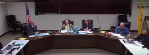 GCCS school board members l – r: Superintendent Lane Widner, Walter Jaramillo, Board President Francie Lee, Ron Ortiz, Dr. Guy Archambeau. Kathryn Marmon - CC