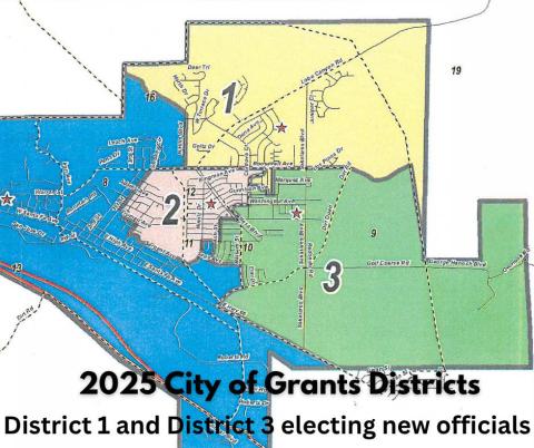 Diego Lopez - CC Map of the City of Grants Council Districts, where voters in District 1 (yellow) and District 3 (green) elected new city council representatives during Tuesday’s Regular Local Election. District 1 covers the city’s northeast neighborhoods, while District 3 includes the southeast and Golf Course areas. As of press time, District 1 was too close to call. Fred Rodarte retained his seat in District 3.