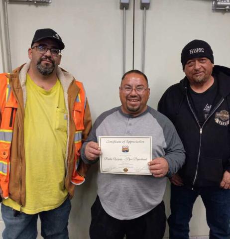 Craig Gergen - CC The Pipes Department was recognized during the January 25 City Council Meeting for their hard work and dedication to keeping the water system going. They are on call, work long hours, and work in inclement weather. From left to right - Mike Childs, Jessie Ramirez, and Jorge Mendez.