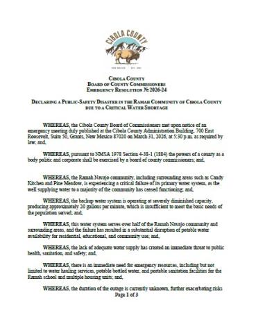 Cibola County Emergency Resolution 2026-24, approved March 31, 2026 to declare "a Public Safety Disaster in the Ramah Community of Cibola County Due to a Critical Water Shortage".