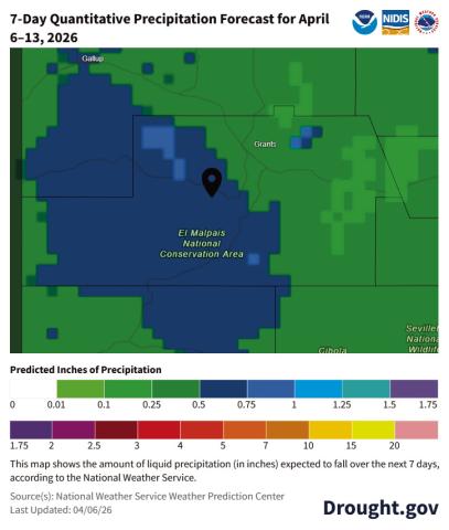 The latest 7-day forecast shows a stronger chance of meaningful moisture across the Grants–El Malpais area, with totals generally projected around a half inch to three-quarters of an inch, and locally higher amounts possible. Courtesy of Drought.gov. Courtesy Photo