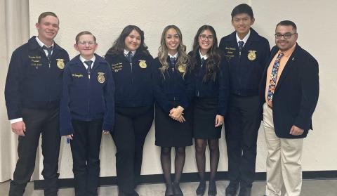 The Grants FFA chapter has competed in their first competition of the year in Farmington. This is the first competition that the chapter has competed in after rechartering. Two members of the chapter have qualified to compete in two other events happening next year. From Left to Right: Brandon Small, Harry Lee, III, Karyssa Cook,Arianna Spidle, Shelbie Martinez, Tonee Slockish, Amador Gonzales Courtesy Photo